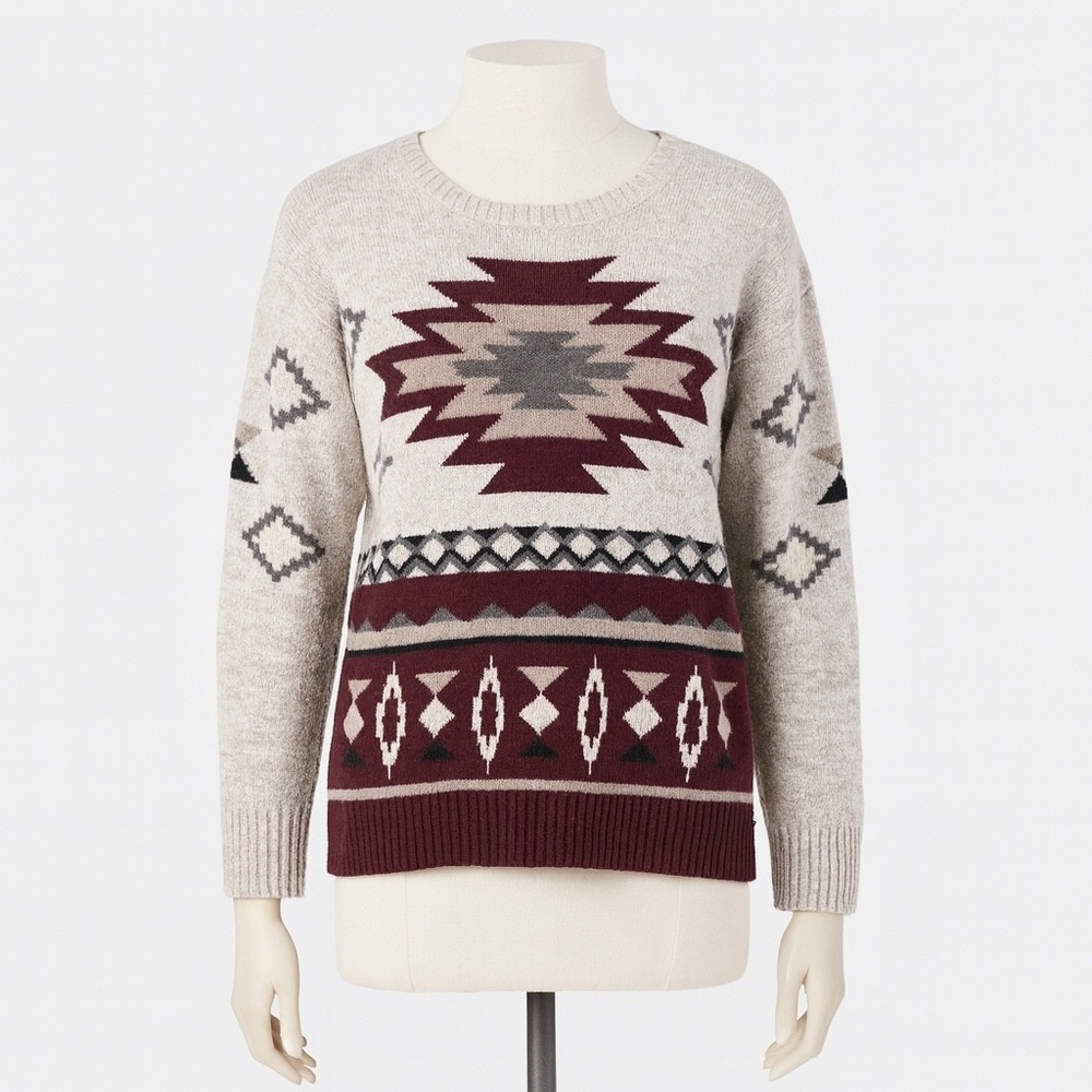 American Eagle Sweater Womens M Beige‎ Burgundy Aztec Knit Pullover Winter